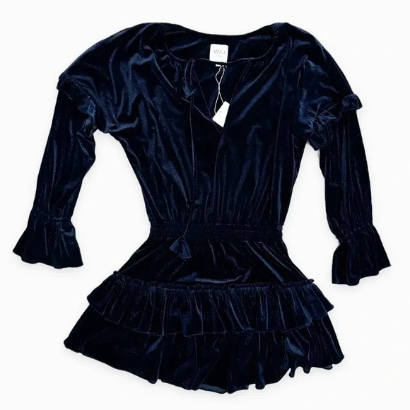 MISA Los Angeles | Lorena Blue Velvet Long Sleeve Ruffle Mini Dress Size XS NWT - Picture 8 of 10